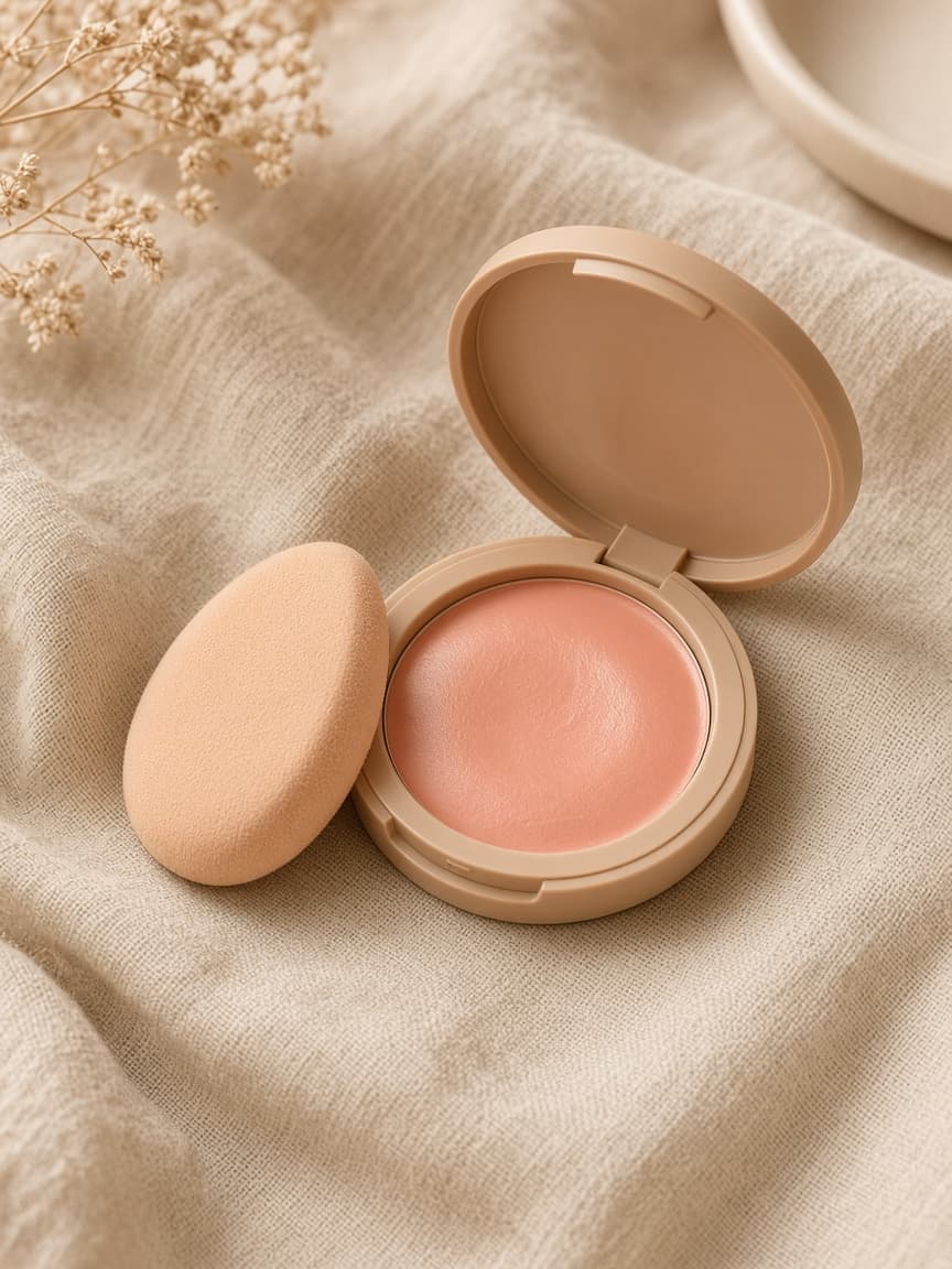 Open peach cream blush on warm linen