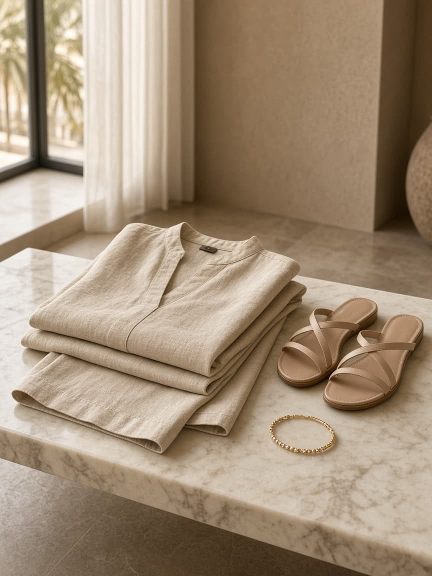 Sand linen set folded with nude sandals